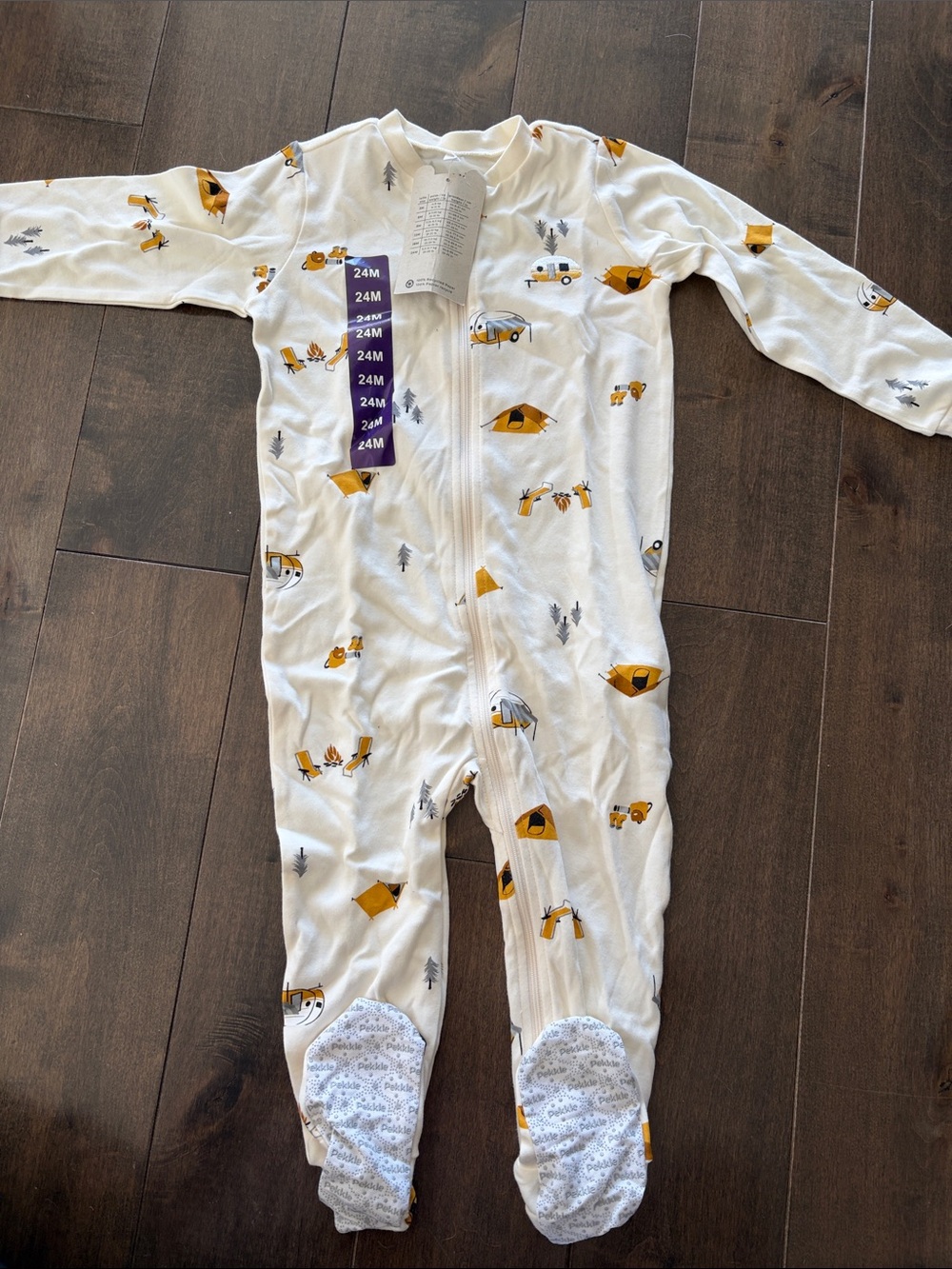 Pekkle Cream Camping-Print Baby Footie Pajamas with Front Zip